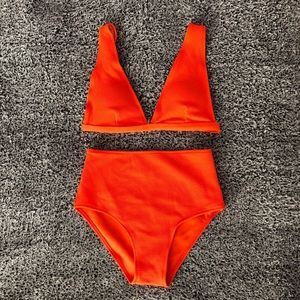 Textured Plunge Top with High-Waist Bikini Set